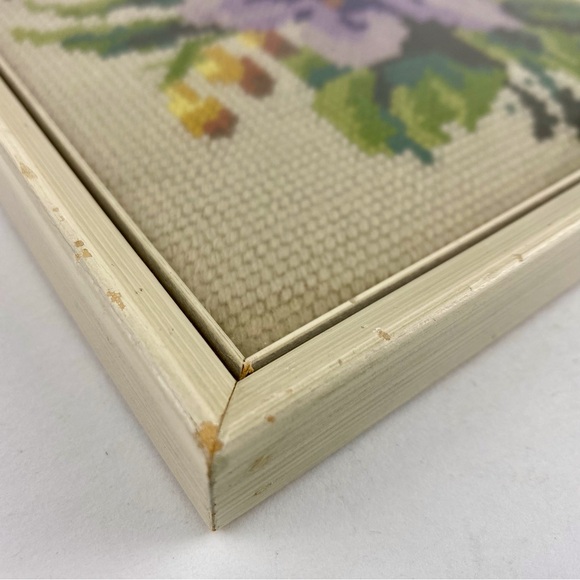 Vintage Framed Square Floral Needlepoint 9x9 inch Pastel Stitched Wall Art - Picture 4 of 7